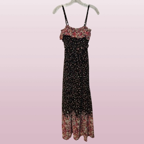 Dresses & Skirts - Floral Black Spaghetti Strap Ruffle Top Belted Stretch Waist Maxi Dress Size M